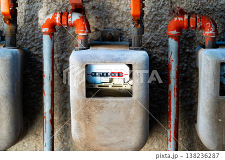 Curves of the gas pipe on the background wall. Multiple city gas meters. Korea Curves of the gas pipe on the background wall. Multiple city gas meters. Korea 138236287