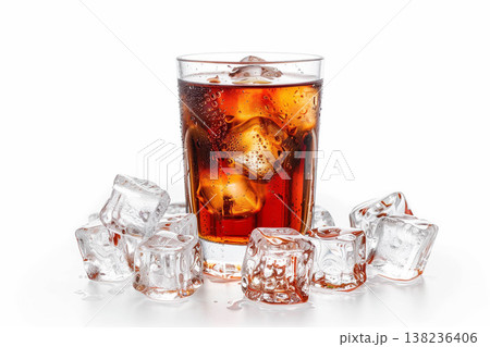 Chilled cola glass with ice cubes on white background.. 138236406