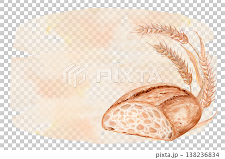Watercolor sourdough bread composition with cut loaf and wheat ears on soft background. Hand painted bakery illustration for packaging design, branding, menu, label, organic product presentation Watercolor sourdough bread composition with cut loaf and wheat ears on soft background. Hand painted bakery illustration for packaging design, branding, menu, label, organic product presentation 138236834
