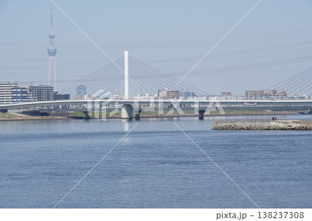 荒川に架かる清砂大橋と遠景の東京スカイツリー 138237308