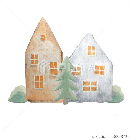 house and tree watercolor composition house and tree watercolor composition 138238729