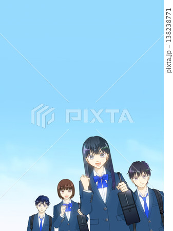 さわやかな青空、高校生または中学生の男女のアニメ風イラスト 138238771