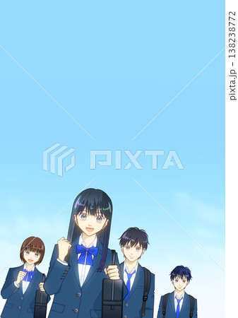 さわやかな青空、高校生または中学生の男女のアニメ風イラスト 138238772