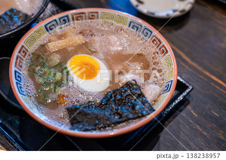 Famous tonkotsu kurome ramen in Fukuoka, Japan. 138238957