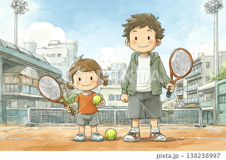 親子でテニスを楽しむ休日の時間｜子どもの成長とスポーツ体験のイメージイラスト 138238997