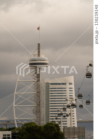 Vasco da Gama Tower and cable cars in Lisbon, Portugal 138239148