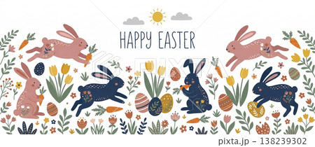 Easter Bunnies Hopping in Spring Florals with Happy Easter Greeting Easter Bunnies Hopping in Spring Florals with Happy Easter Greeting 138239302