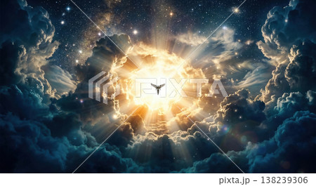 Dove flying through radiant sunburst in cloudy sky with stars 138239306