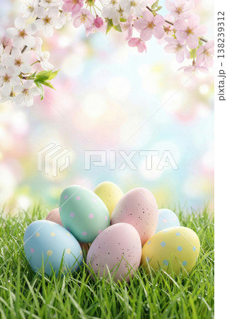 Colorful Easter eggs on green grass with blooming flowers, spring holiday decoration Colorful Easter eggs on green grass with blooming flowers, spring holiday decoration 138239312