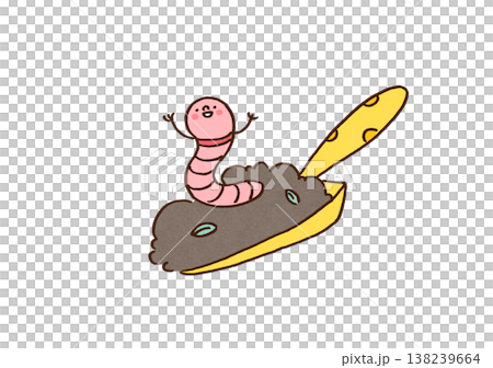 An illustration of a cute, smiling earthworm with fluffy compost soil on a yellow shovel (Eco, Agriculture, SDGs) 138239664