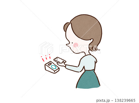 スマホ決済（電子マネー）でピッとスマートに支払いをする女性のイラスト（買い物・生活・IT） 138239665