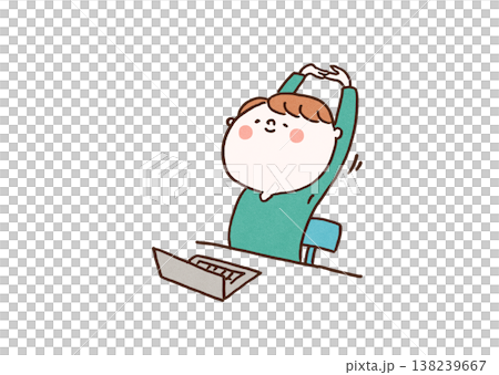 An illustration of a man stretching comfortably with both arms raised during a break from working on his computer (business/remote work). An illustration of a man stretching comfortably with both arms raised during a break from working on his computer (business/remote work). 138239667