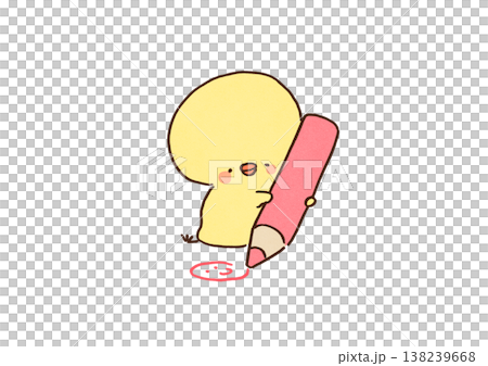 An illustration of a chick happily drawing with a large pink colored pencil (Education, Art, Parenting) 138239668