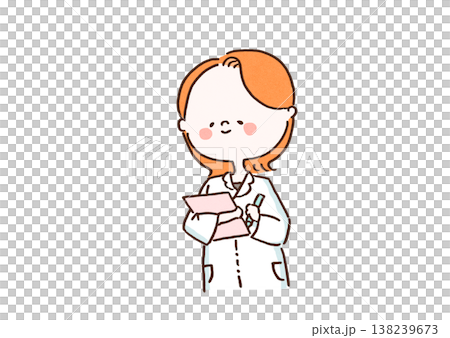 An illustration of a female doctor/pharmacist holding a pink medical chart and smiling gently (medical/clinic). An illustration of a female doctor/pharmacist holding a pink medical chart and smiling gently (medical/clinic). 138239673