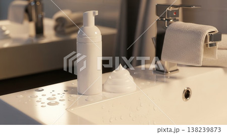 A minimalist white pump bottle and facial foam on a bright, wet bathroom counter featuring a modern chrome faucet and towels. 138239873