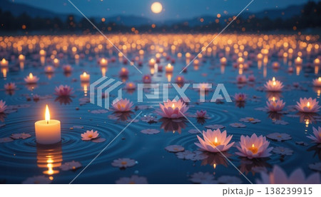 Thousands of glowing lotus flower lanterns and candles floating on a calm lake at night under a full moon. Thousands of glowing lotus flower lanterns and candles floating on a calm lake at night under a full moon. 138239915