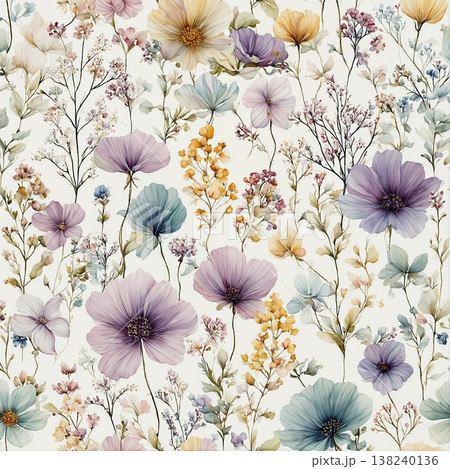 Collection of delicate watercolor wildflower seamless patterns with soft pastel and earthy tones Collection of delicate watercolor wildflower seamless patterns with soft pastel and earthy tones 138240136