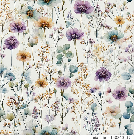 Collection of delicate watercolor wildflower seamless patterns with soft pastel and earthy tones Collection of delicate watercolor wildflower seamless patterns with soft pastel and earthy tones 138240137