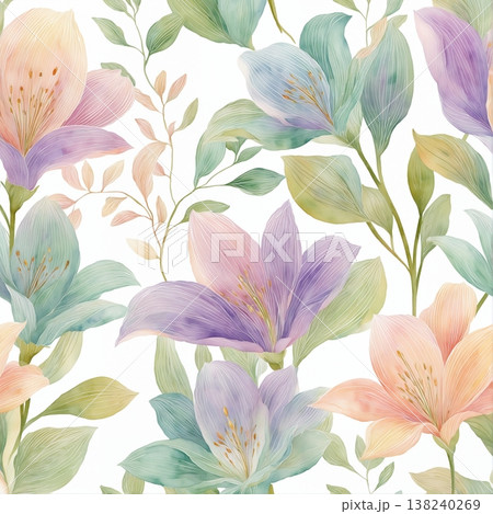 Collection of delicate watercolor wildflower seamless patterns with soft pastel and earthy tones 138240269