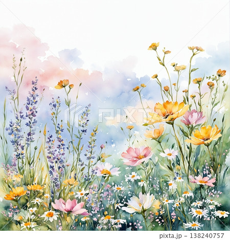 Collection of delicate watercolor wildflower seamless patterns with soft pastel and earthy tones 138240757