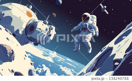 Astronaut floating near lunar base above earth with deep space background glowing stars and distant satellite Astronaut floating near lunar base above earth with deep space background glowing stars and distant satellite 138240788