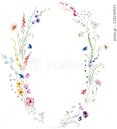 Floral oval frame with watercolor wildflowers and leaves, hand drawn wedding illustration Floral oval frame with watercolor wildflowers and leaves, hand drawn wedding illustration 138240921