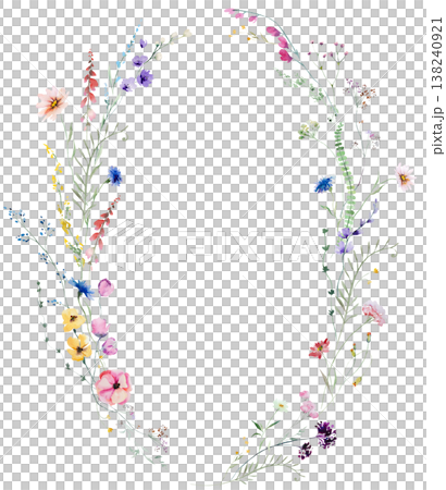 Floral oval frame with watercolor wildflowers and leaves, hand drawn wedding illustration Floral oval frame with watercolor wildflowers and leaves, hand drawn wedding illustration 138240921