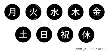 曜日のイラストマークのセット(漢字)　丸に白文字、背景透過、モノクロ 138240989