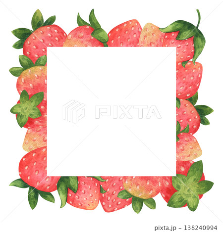 Cute square frame with strawberries. Summer berries in a childish cartoon style.Watercolor illustration hand drawn and isolated on a white background. Ideal for card, poster, packing, other polygraph 138240994