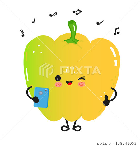 Happy kawaii yellow bell pepper listening music using smartphone 138241053