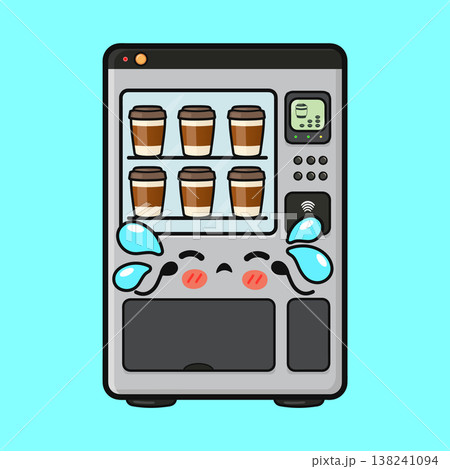 Crying coffee vending machine character experiencing sadness Crying coffee vending machine character experiencing sadness 138241094