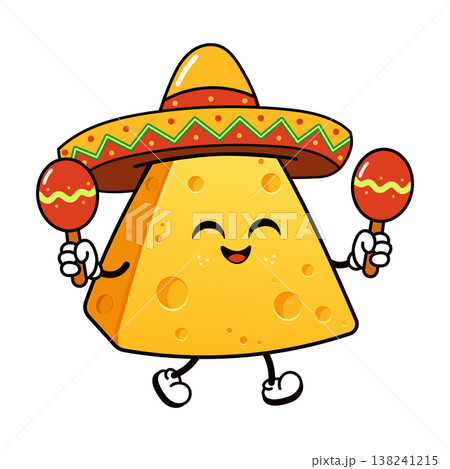 Happy cheese character wearing sombrero and playing maracas Happy cheese character wearing sombrero and playing maracas 138241215