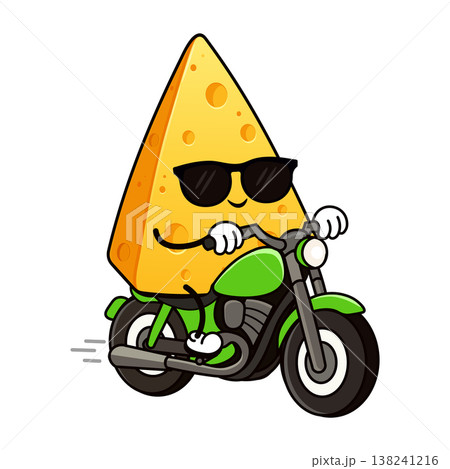 Cheese character riding vintage green motorcycle wearing sunglasses 138241216