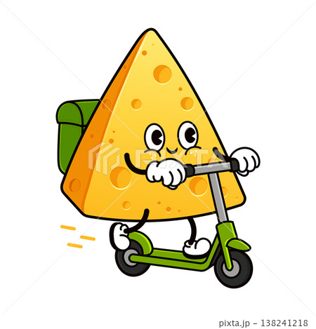 Cute cheese mascot delivering food on electric scooter 138241218