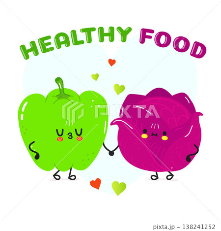 Cute cartoon bell pepper and cabbage holding hands loving healthy food Cute cartoon bell pepper and cabbage holding hands loving healthy food 138241252