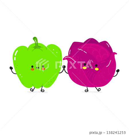 Happy cartoon pepper and cabbage holding hands Happy cartoon pepper and cabbage holding hands 138241253