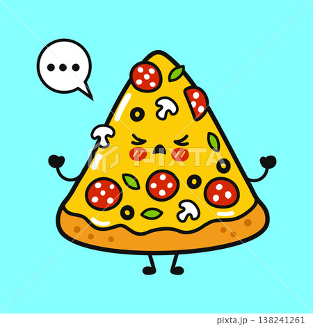 Cute sad pizza character thinking with speech bubble 138241261