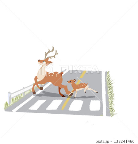 道路を横断する鹿の親子のイラスト 動物の飛び出し注意・交通安全のやさしい素材 138241460