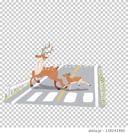 道路を横断する鹿の親子のイラスト 動物の飛び出し注意・交通安全のやさしい素材 138241460