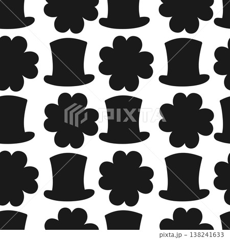 Seamless Pattern of quatrefoils and leprechaun hat Silhouettes St Patrick Day Minimalistic Backdrop. Isolated Vector illustration Holiday Greeting Themed Cards background Party invite, banner, leaflet Seamless Pattern of quatrefoils and leprechaun hat Silhouettes St Patrick Day Minimalistic Backdrop. Isolated Vector illustration Holiday Greeting Themed Cards background Party invite, banner, leaflet 138241633