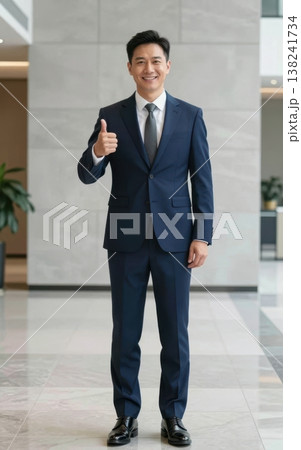 Confident handsome young Asian businessman in suit and tie giving thumbs up gesture, smiling in a modern office hallway interior. 138241734