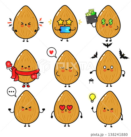 Cute almond nut characters showing various expressions and emotions 138241880