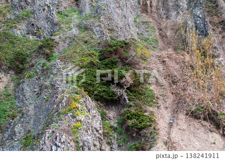 Majestic Geological Rock Formations on Cliffside with Greenery 138241911