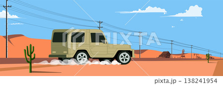 Off road car in desert. Vector illustration in flat cartoon style. 138241954