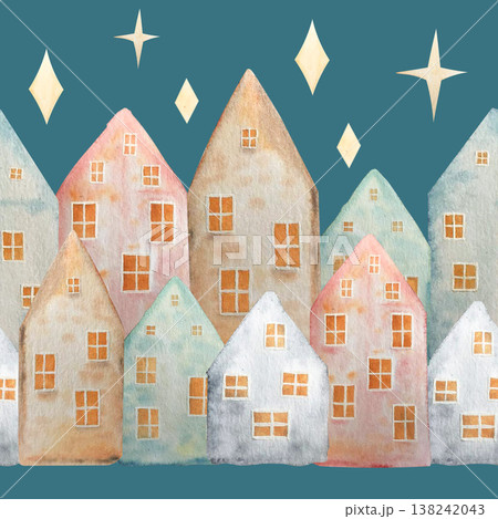 scandy house with star seamless pattern on background watercolor illustration scandy house with star seamless pattern on background watercolor illustration 138242043