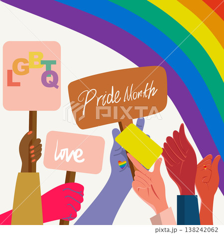 Diverse Hands Holding Pride Month and LGBTQ Signs Under Rainbow Illustration Diverse Hands Holding Pride Month and LGBTQ Signs Under Rainbow Illustration 138242062
