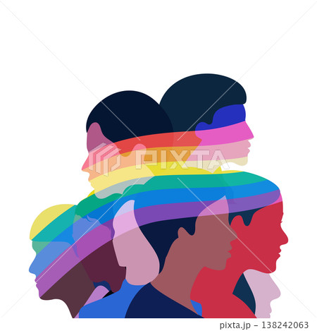 Multiethnic People Silhouettes with Rainbow Pride Stripes Overlapping Concept Illustration	 138242063