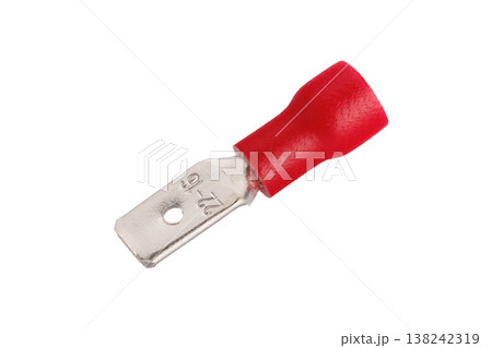 Red insulated metal spade terminal connector on white background Red insulated metal spade terminal connector on white background 138242319