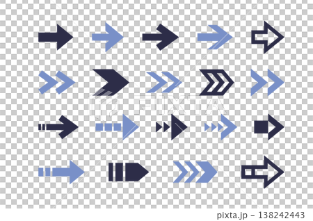 Simple arrow illustrations in various shapes - decorative set for movement and direction. Simple arrow illustrations in various shapes - decorative set for movement and direction. 138242443