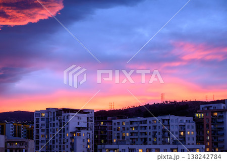Dramatic vibrant sunset over apartment buildings in Saburtalo district in Tbilisi, Georgia 138242784